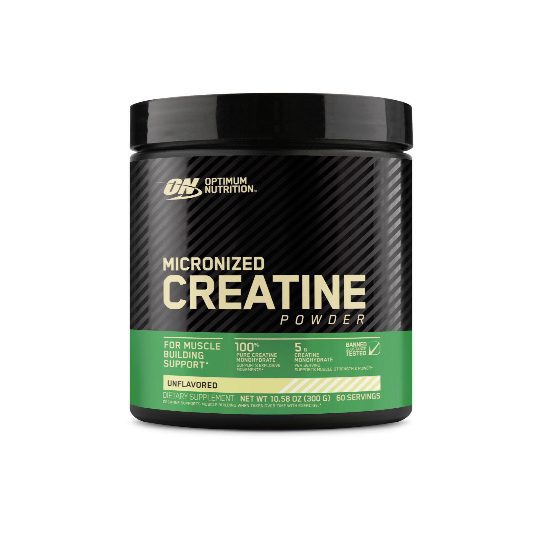 Optimum Nutrition Micronized Creatine Powder, 300g container, unflavored, supports muscle building, 60 servings