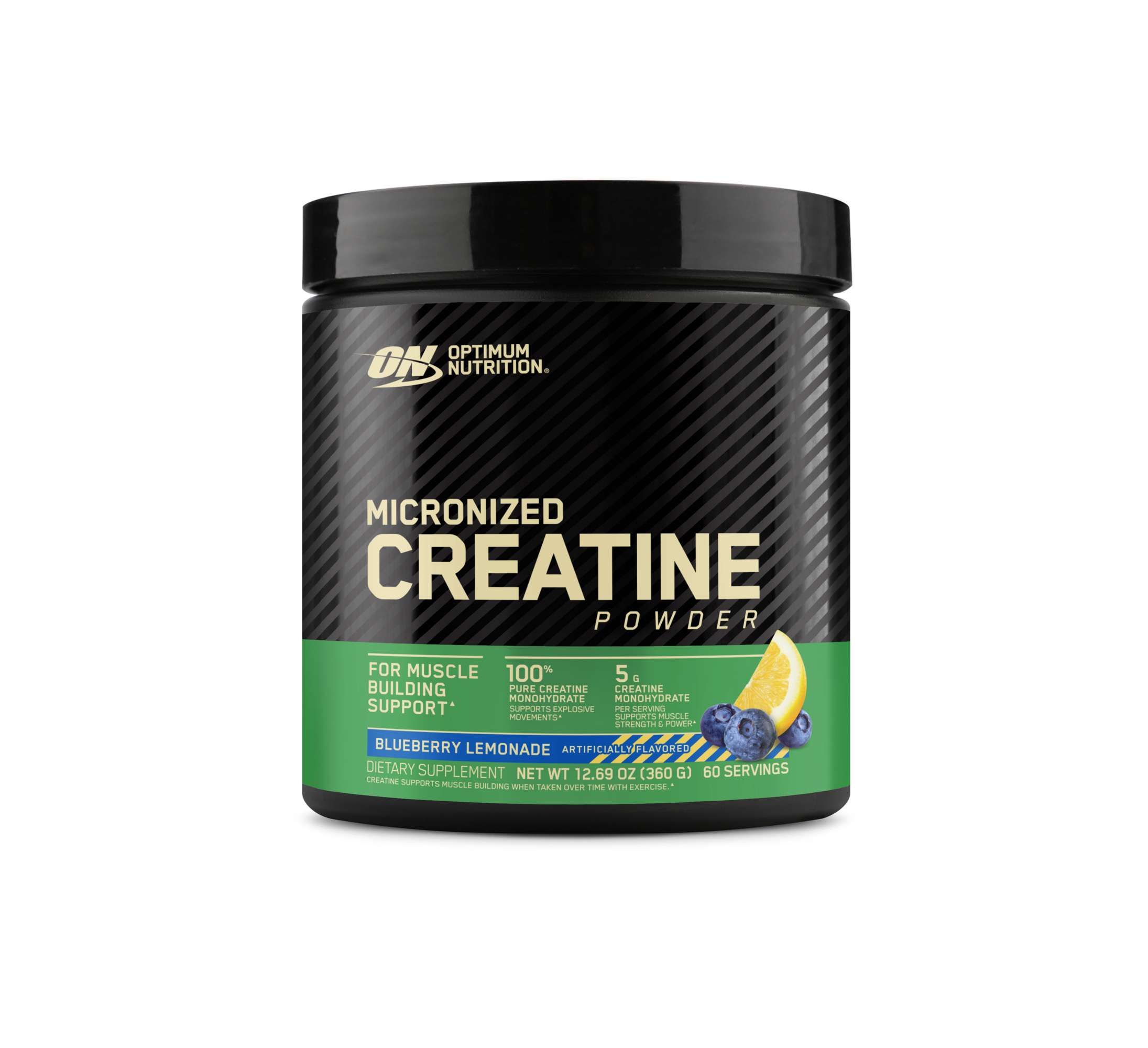 Optimum Nutrition Micronized Creatine Powder, 0.79 lb container, Blueberry Lemonade flavor, supports muscle building