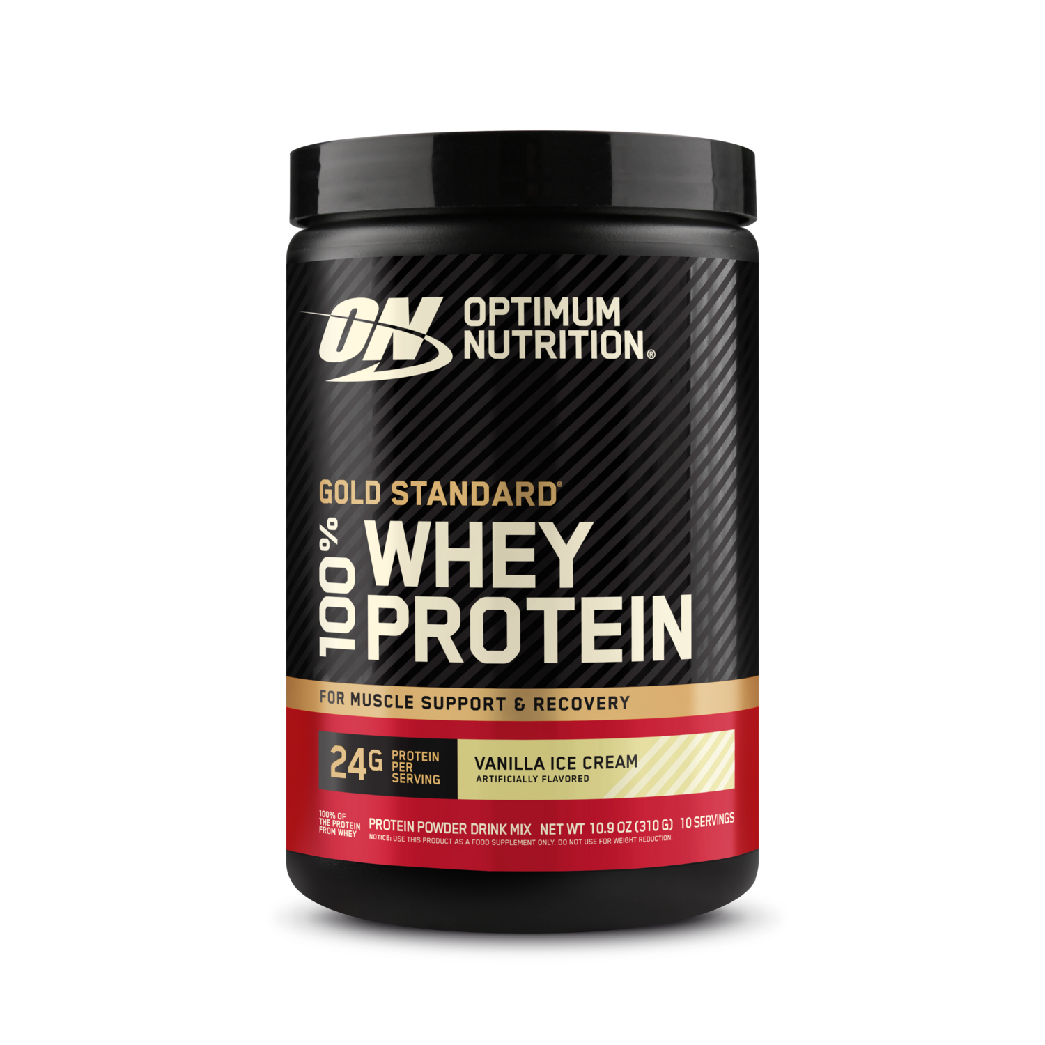 Optimum Nutrition Gold Standard 100% Whey Protein, 0.68 lb container, Vanilla Ice Cream flavor, for muscle support and recovery