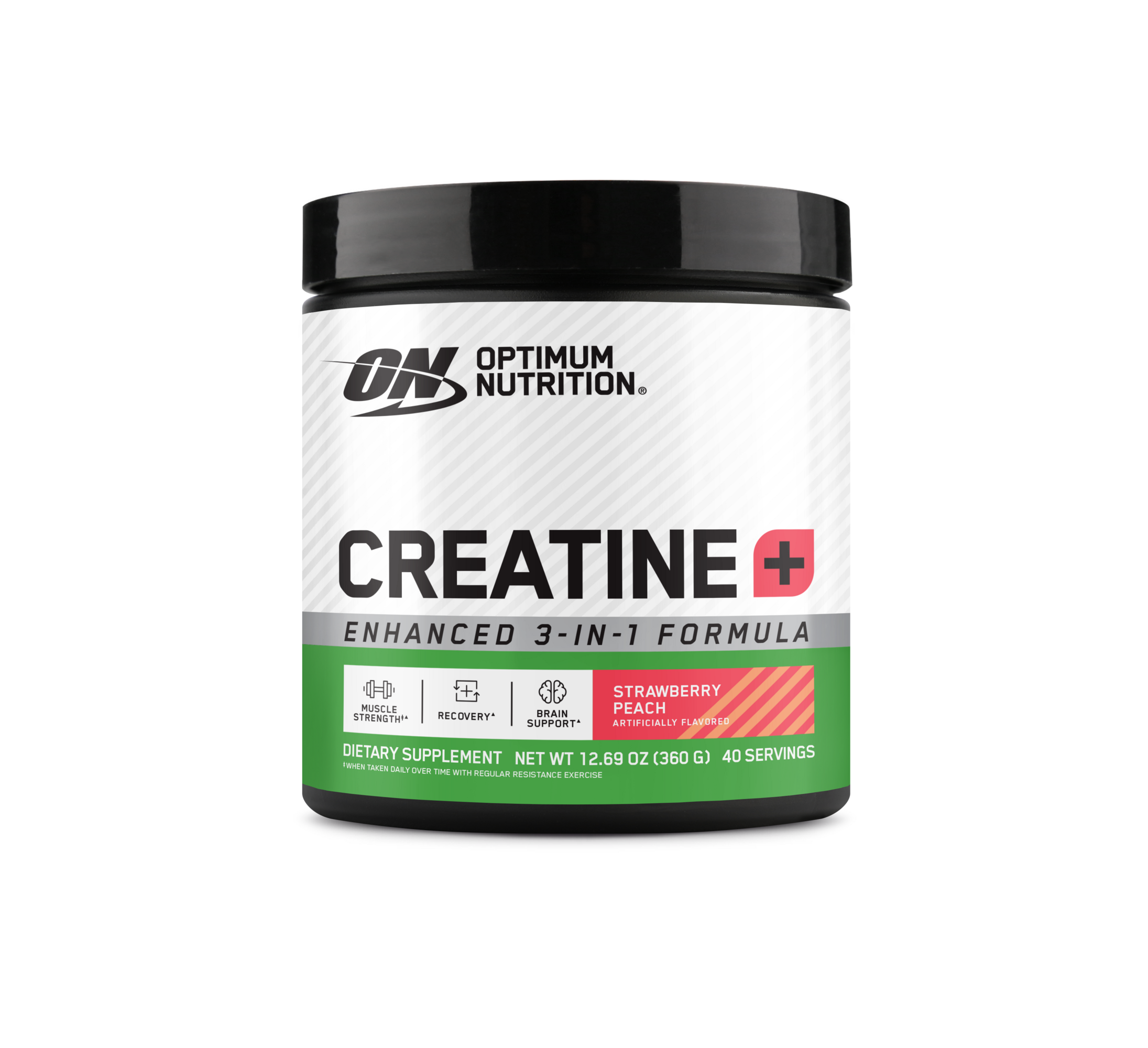 Optimum Nutrition Creatine Plus, 1.58lbcontainer, Strawberry Peach flavor, enhanced 3-in-1 formula for strength and recovery