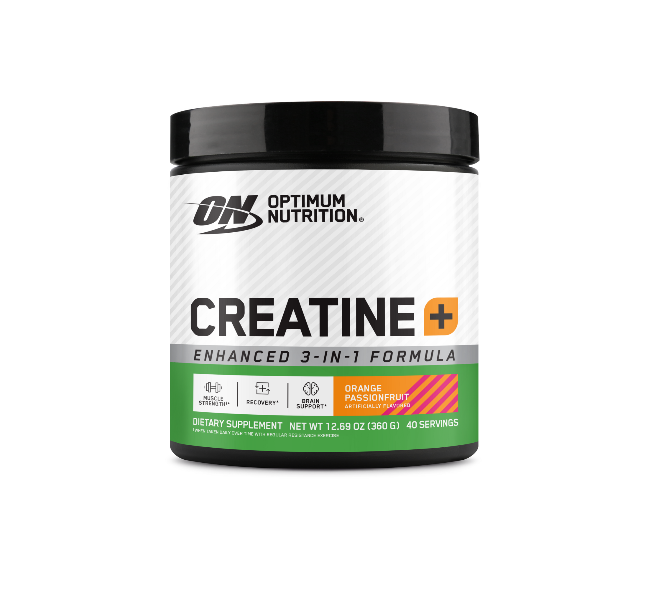 Optimum Nutrition Creatine Plus, 1.58lb container, Orange Passionfruit flavor, enhanced 3-in-1 formula for strength and recovery