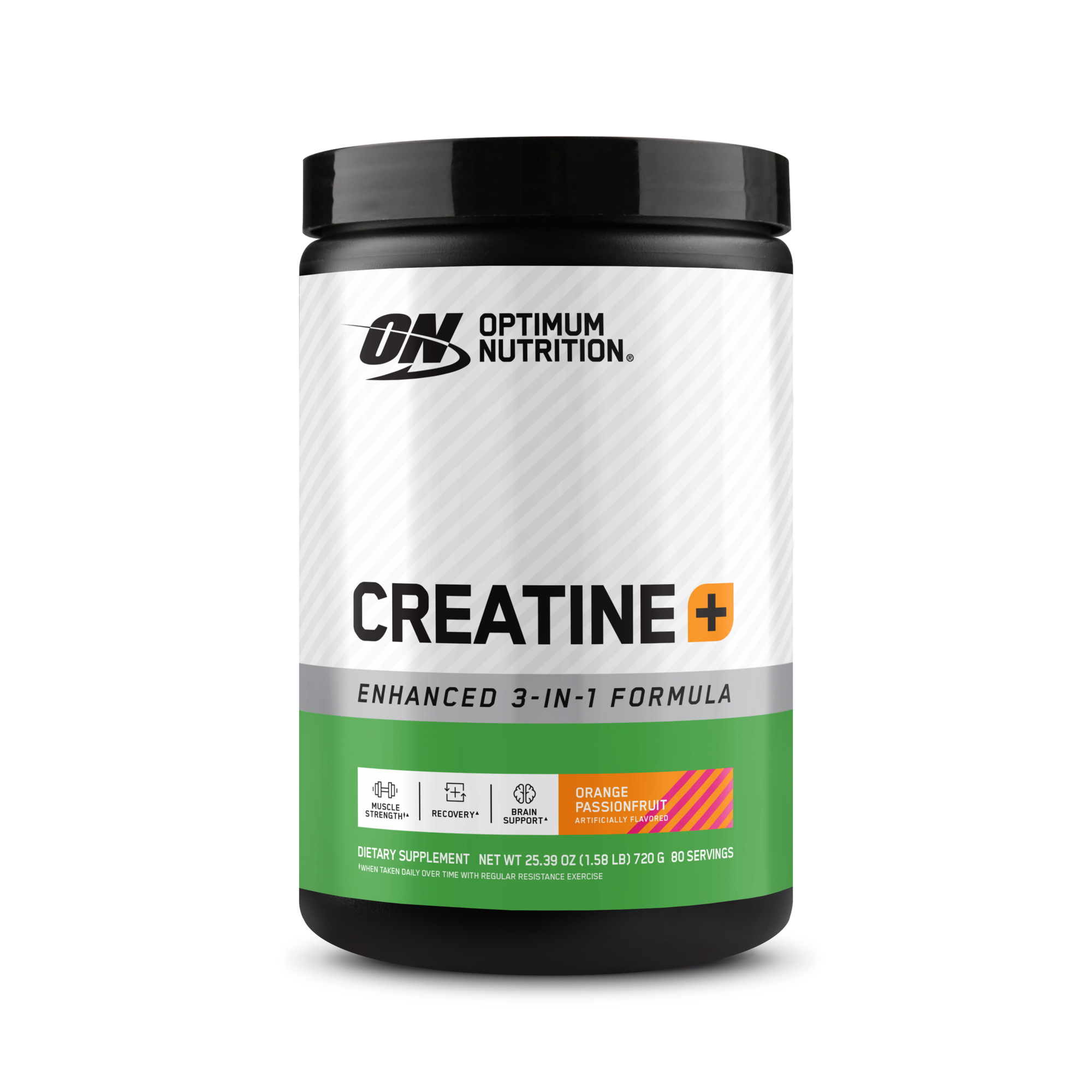 Optimum Nutrition Creatine Plus, 0.79lb container, Orange Passionfruit flavor, enhanced 3-in-1 formula for strength and recovery