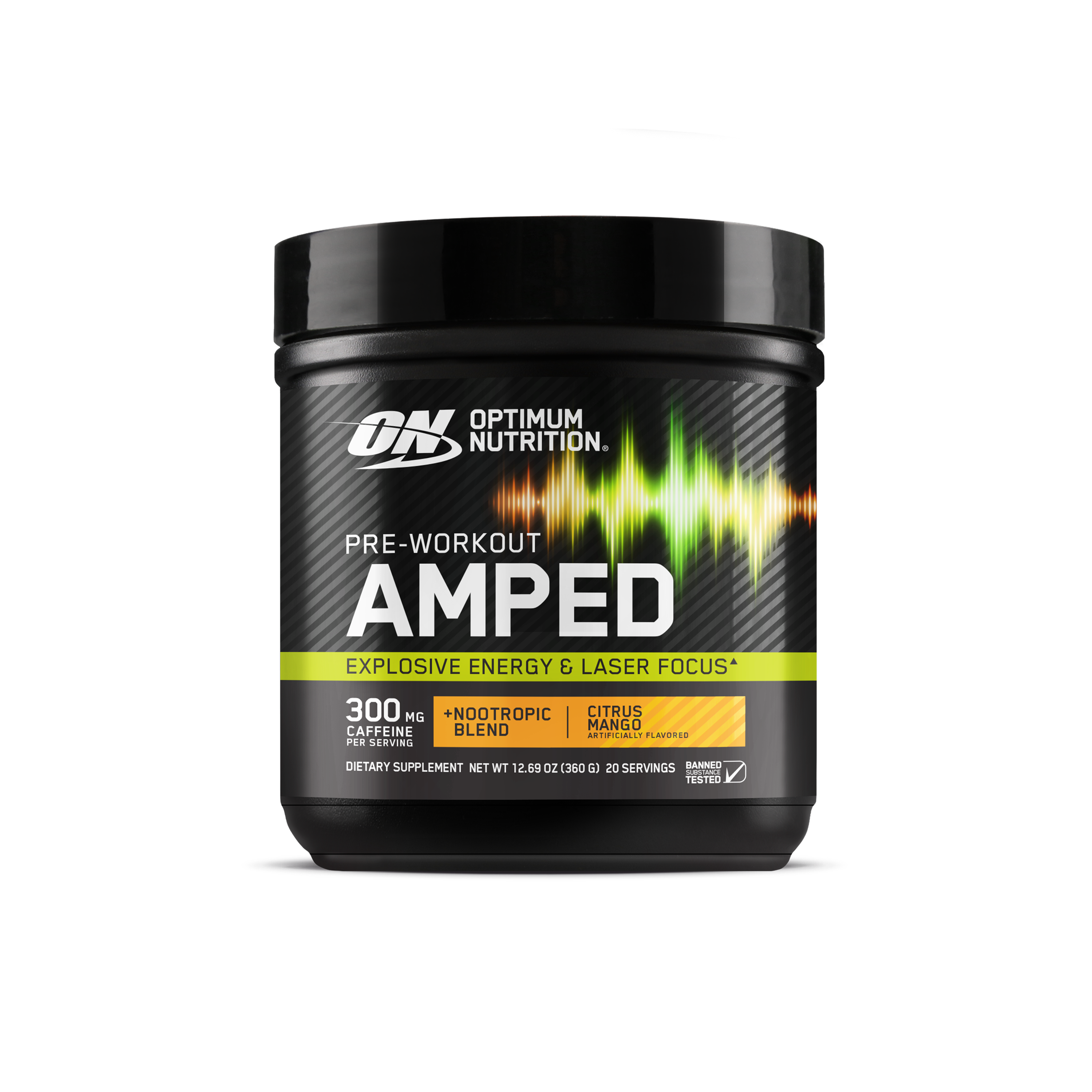 Optimum Nutrition Pre-Workout Amped, 20 servings, Citrus Mango flavor, with 300 mg caffeine and nootropic blend