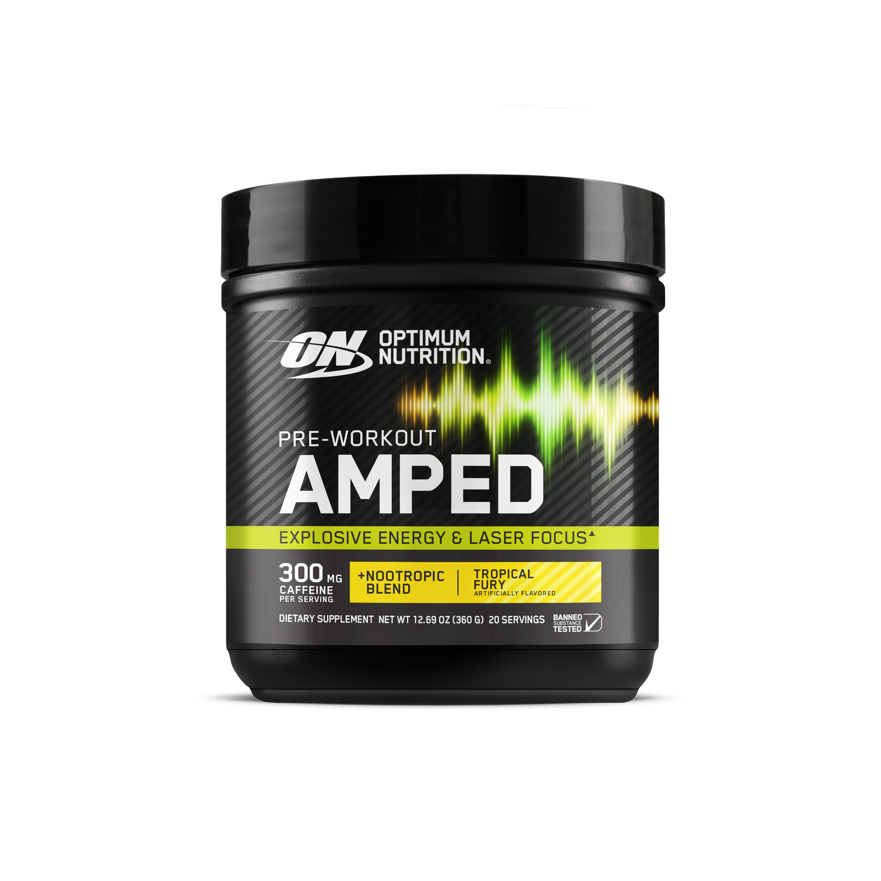 Optimum Nutrition Pre-Workout Amped, 20 servings, Tropical Fury flavor, with 300 mg caffeine and nootropic blend