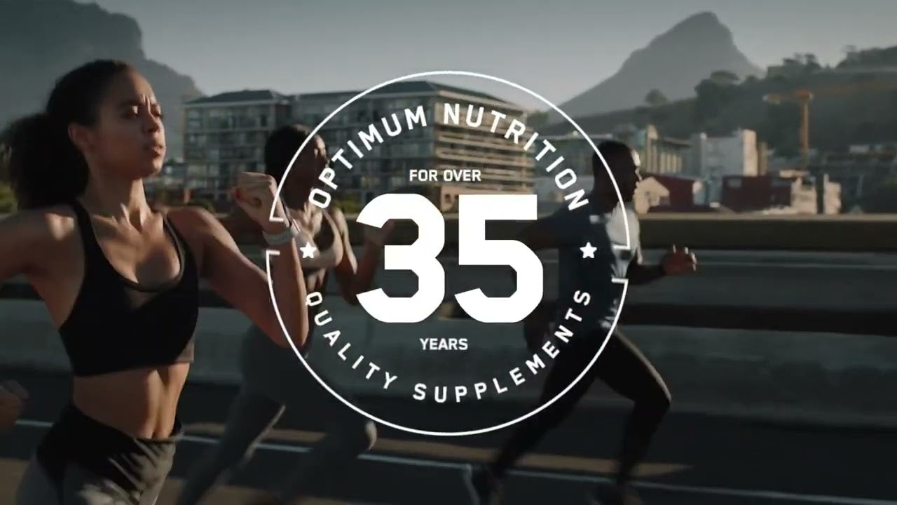 Optimum Nutrition logo with text "For Over 35 Years Quality Supplements" overlaid on a background of people running outdoors