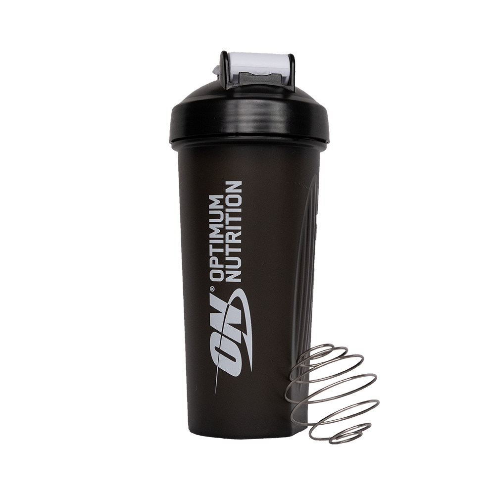 Optimum Nutrition shaker bottle with a mixing ball, ideal for protein shakes and post-workout nutrition