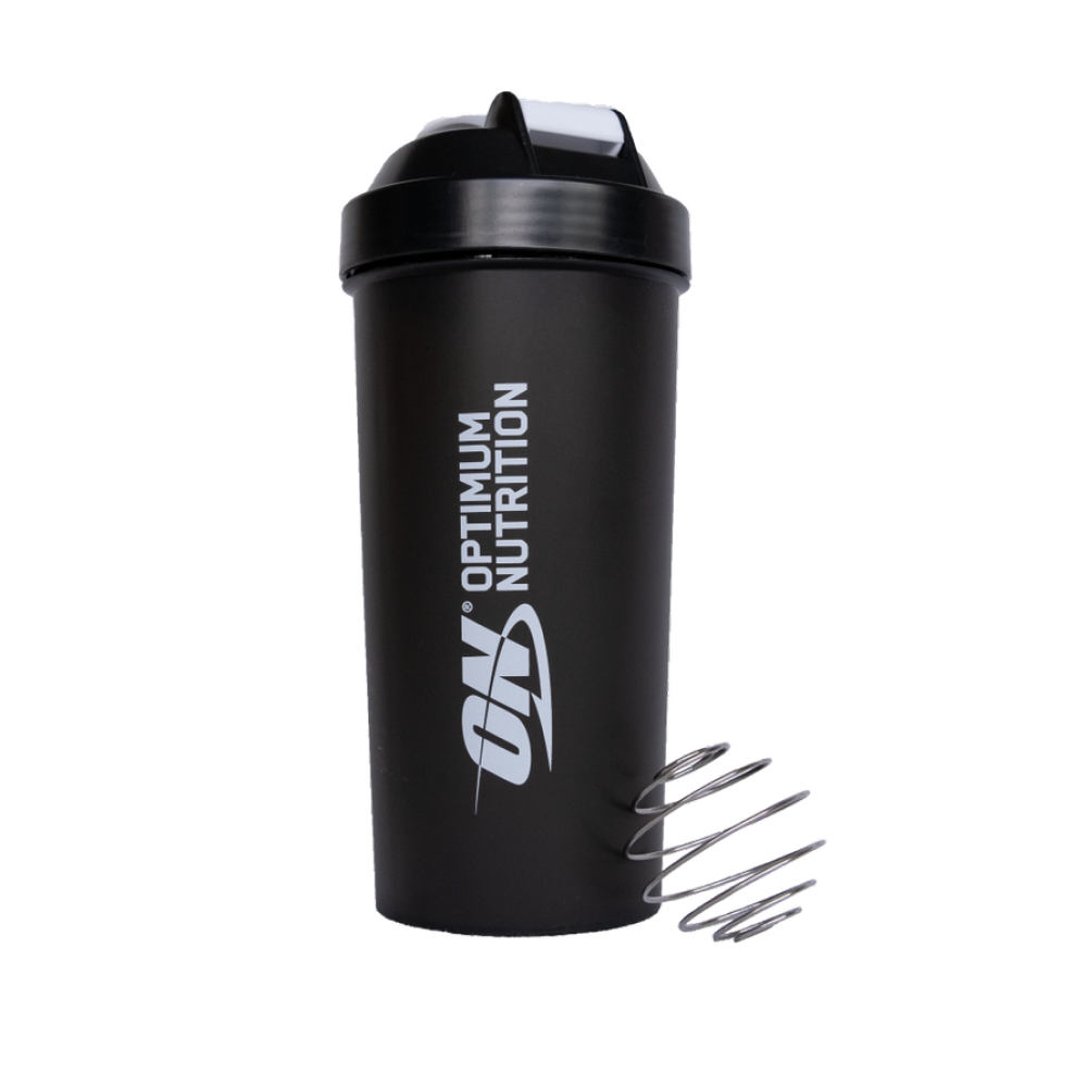Optimum Nutrition shaker bottle with a mixing ball, suitable for protein shakes and post-workout nutrition