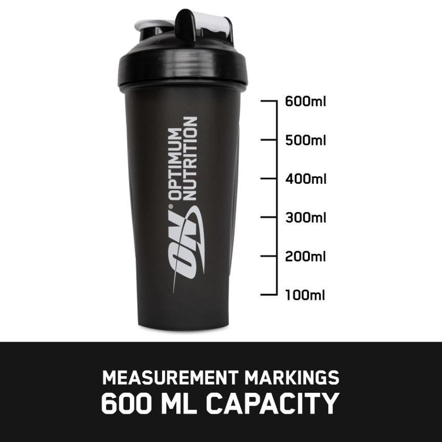 Optimum Nutrition shaker bottle with measurement markings, 600 ml capacity
