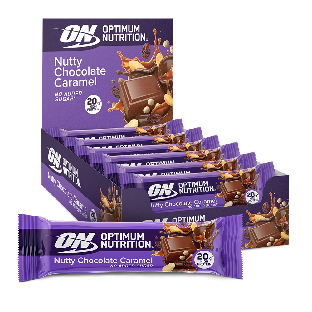 Optimum Nutrition Nutty Chocolate Caramel protein bars, 20g protein per bar, box of multiple bars