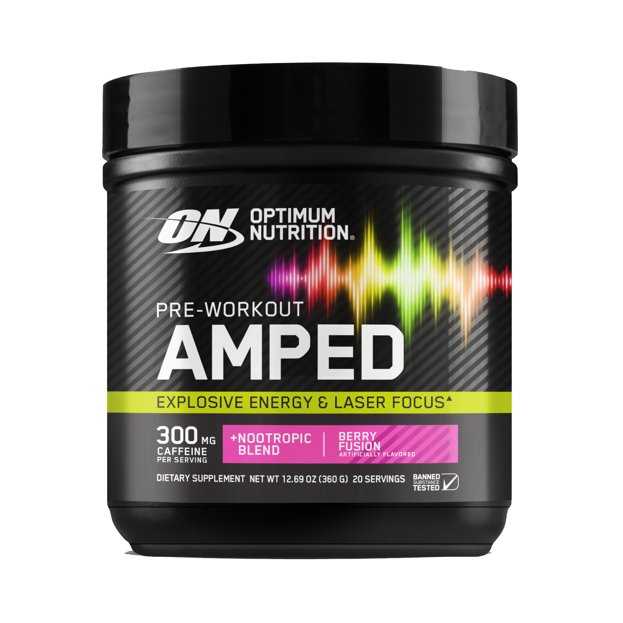 Optimum Nutrition Pre-Workout Amped, 20 servings, Cherry Lime Punch flavor, with 300 mg caffeine and nootropic blend