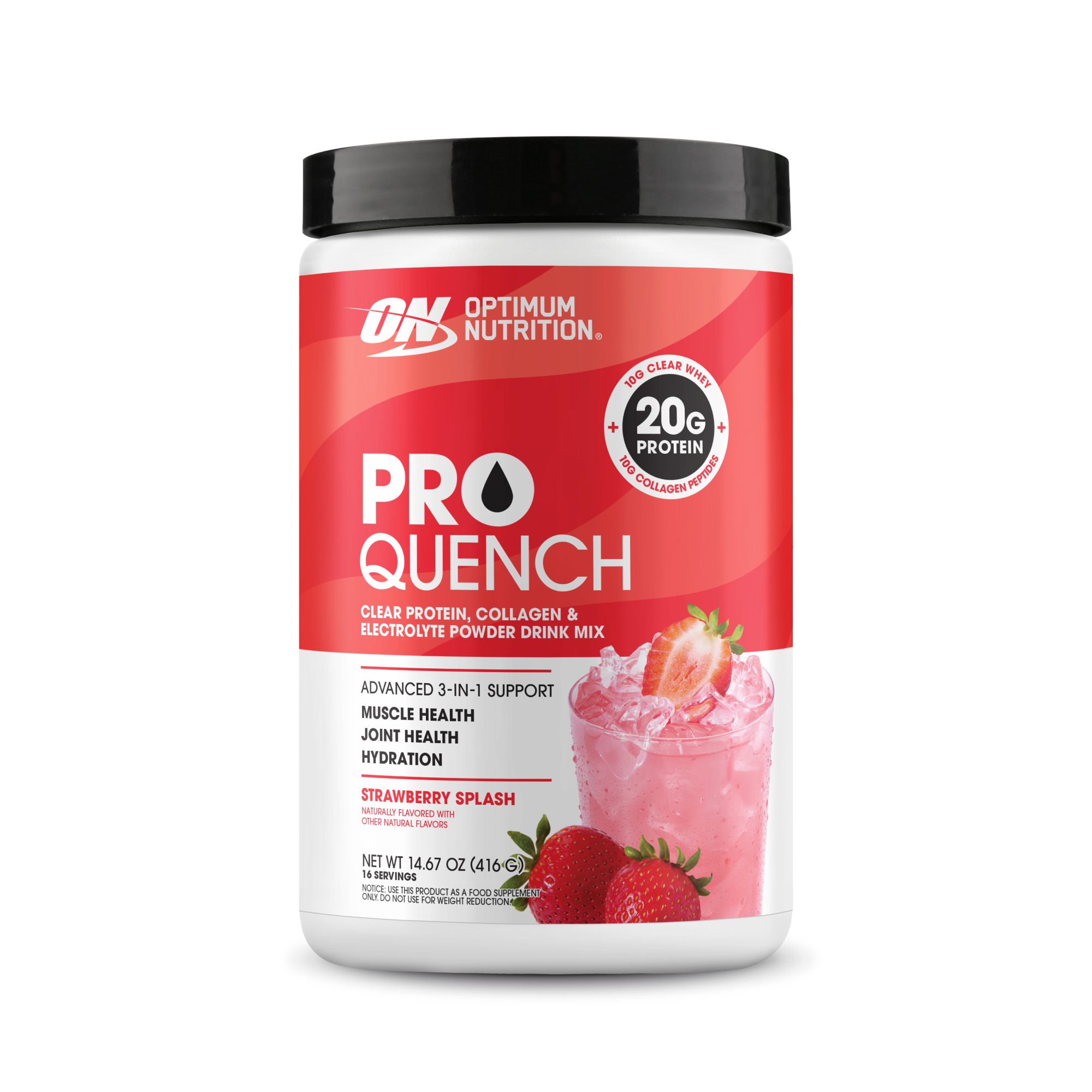 Optimum Nutrition Pro Quench, 414g container, Strawberry Splash flavor, protein and electrolyte powder