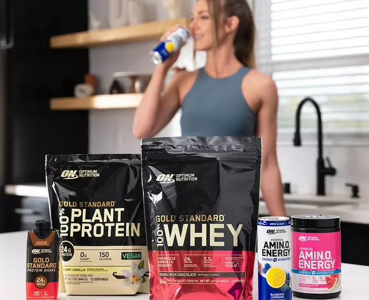 Optimum Nutrition supplements including Gold Standard 100% Plant Protein, Gold Standard 100% Whey, and Amino Energy drink can