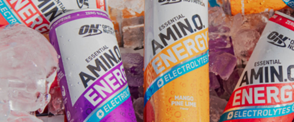 Optimum Nutrition Essential Amino Energy electrolyte drinks in various flavors, displayed on ice