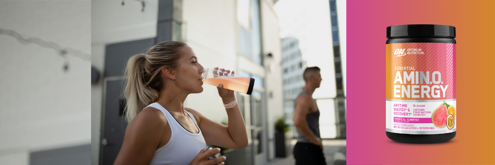 Optimum Nutrition Essential Amino Energy, BCAA Powder Raspberry Pomegranate flavour, shown with a woman drinking a protein shake