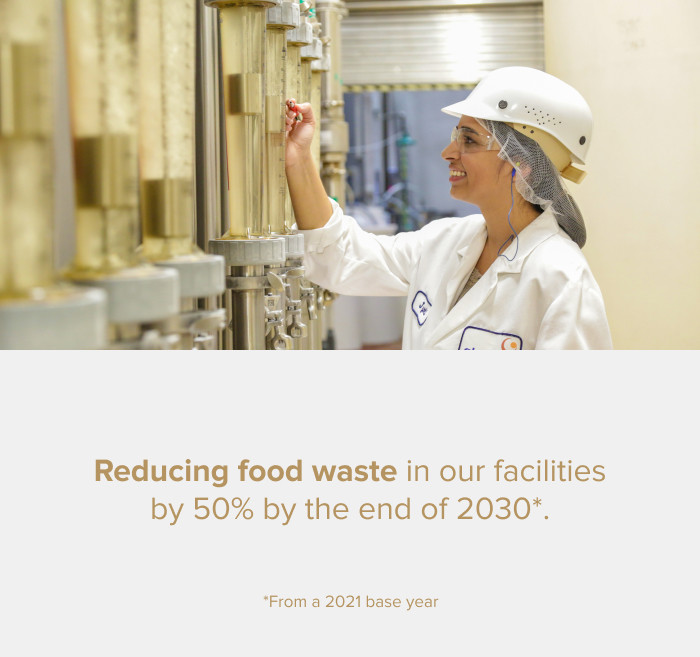A person in a food processing facility adjusting machinery, highlighting efforts to reduce food waste by 50% by 2030