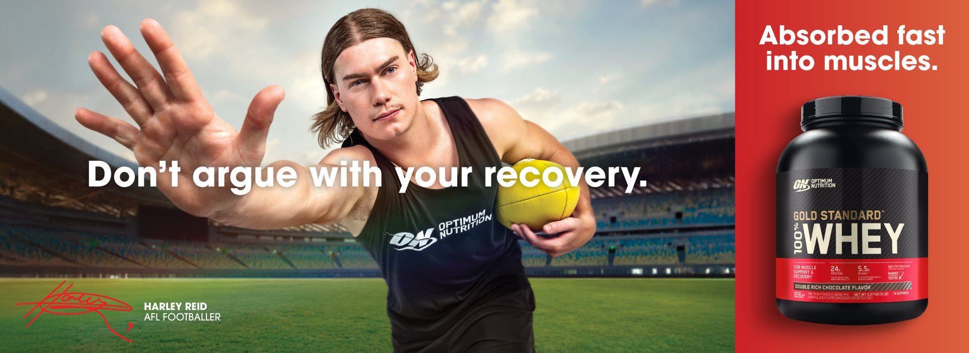 Optimum Nutrition Gold Standard 100% Whey protein powder container, shown with a football player on a field