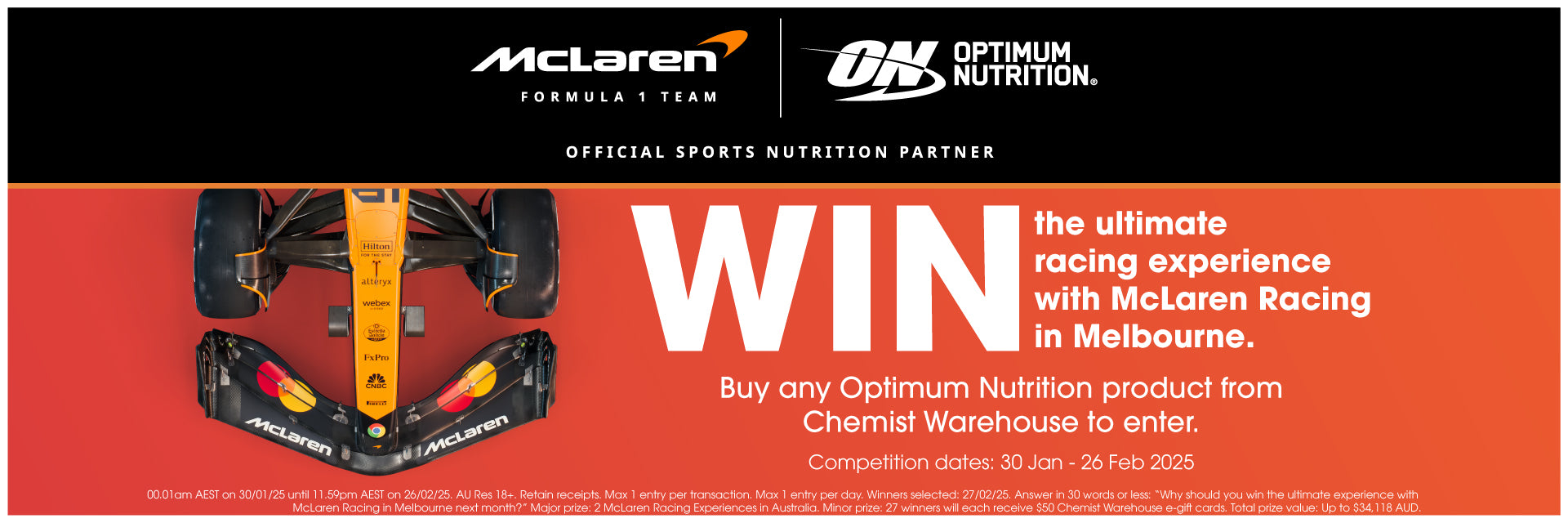 Optimum Nutrition and McLaren Racing promotional banner for a racing experience competition