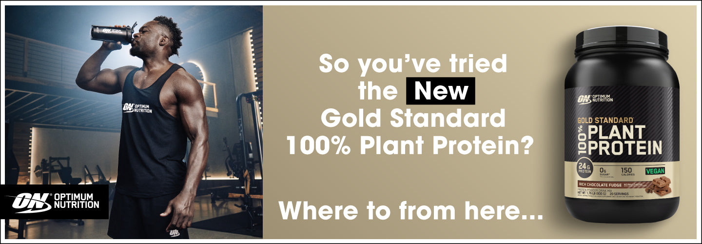 Optimum Nutrition Gold Standard 100% Plant Protein container next to a person drinking from a shaker bottle