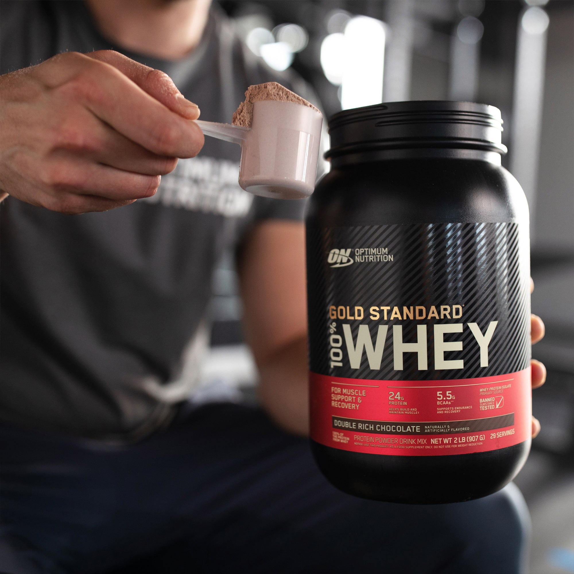 Optimum Nutrition Gold Standard 100% Whey protein powder, double rich chocolate flavor, 5 lb container