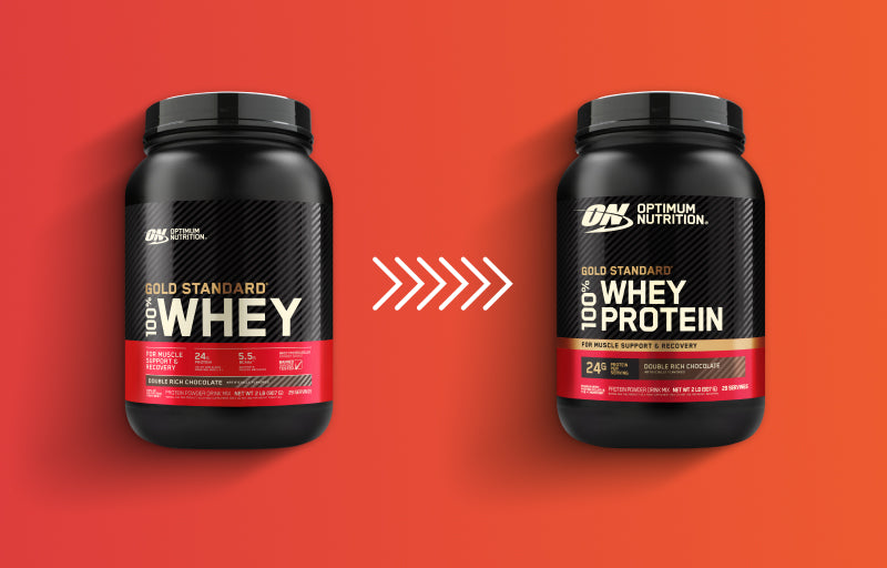 Optimum Nutrition Gold Standard 100% Whey Protein powder containers, featuring protein for muscle support and recovery