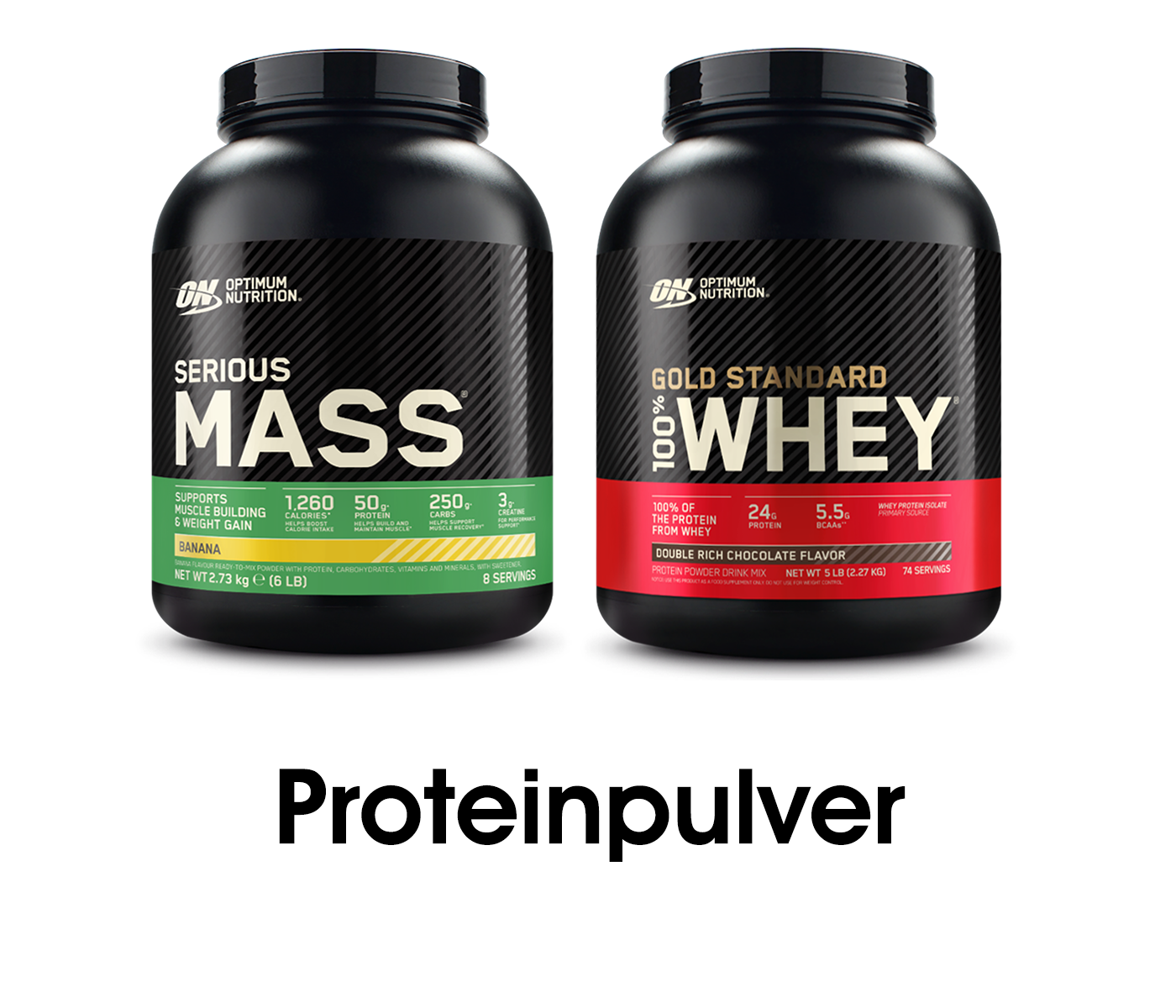 Optimum Nutrition Serious Mass Weight Gainer, 2.73 kg, and Gold Standard 100% Whey Protein, 2.27 kg, protein powders