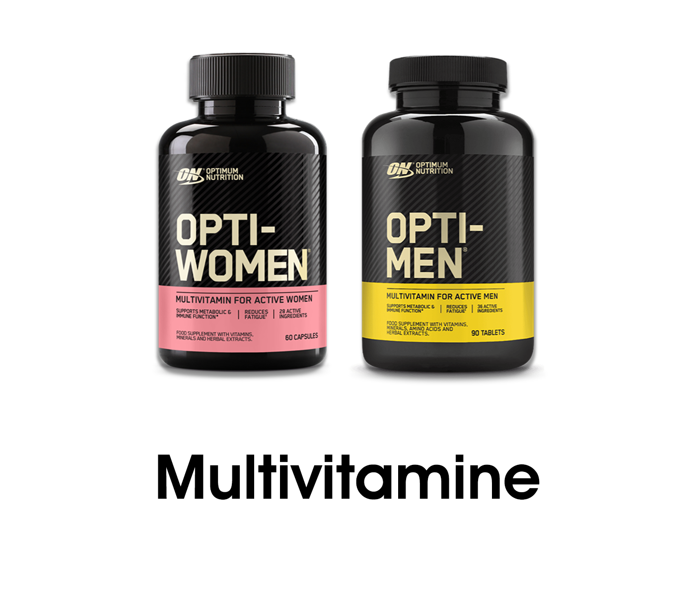 Optimum Nutrition Opti-Women and Opti-Men multivitamin bottles for active individuals