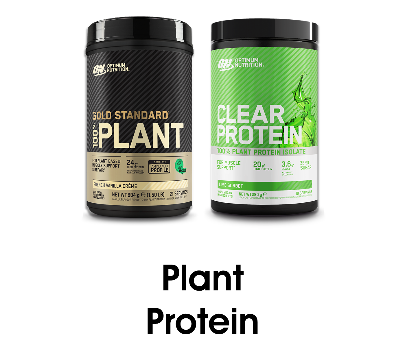 Optimum Nutrition Gold Standard 100% Plant Protein, 684g, French Vanilla Creme flavor, and Optimum Nutrition Clear Protein, 516g, Lime Sorbe
