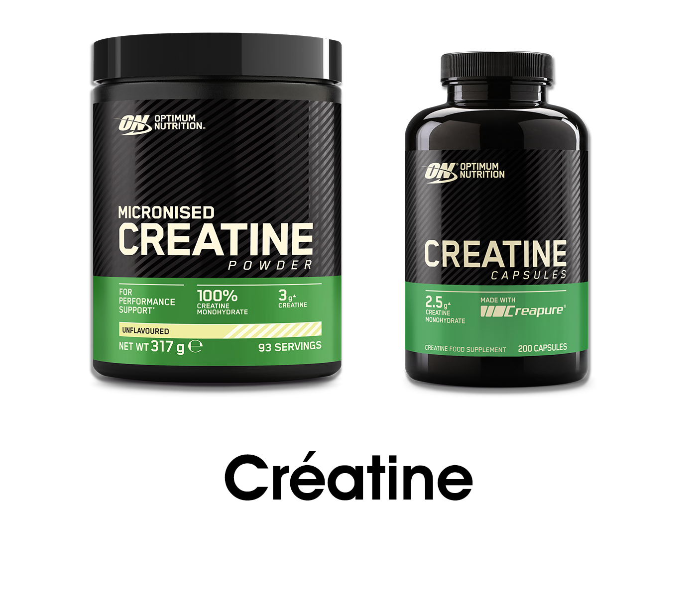 Optimum Nutrition Micronised Creatine Powder, 317g, and Creatine Capsules, 200 count, for performance support