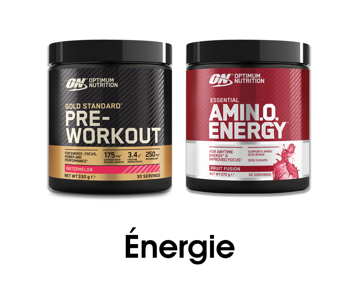 Optimum Nutrition Gold Standard Pre-Workout, 330g, and Essential Amino Energy, 270g, for workout energy support