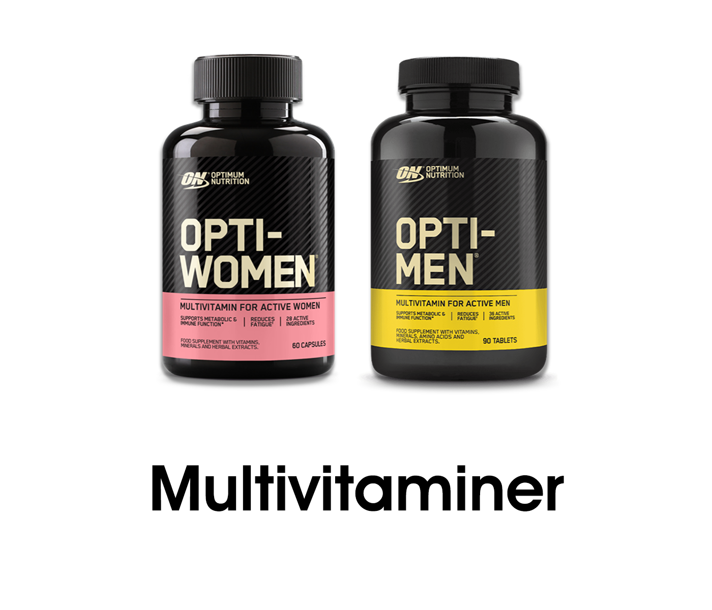 Optimum Nutrition Opti-Women multivitamin, 60 capsules, and Opti-Men multivitamin, 90 tablets, for active individuals