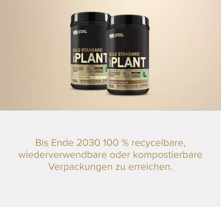 Optimum Nutrition Gold Standard Plant protein powder containers, Vanilla Creme and Rich Chocolate flavors, 24g protein per serving