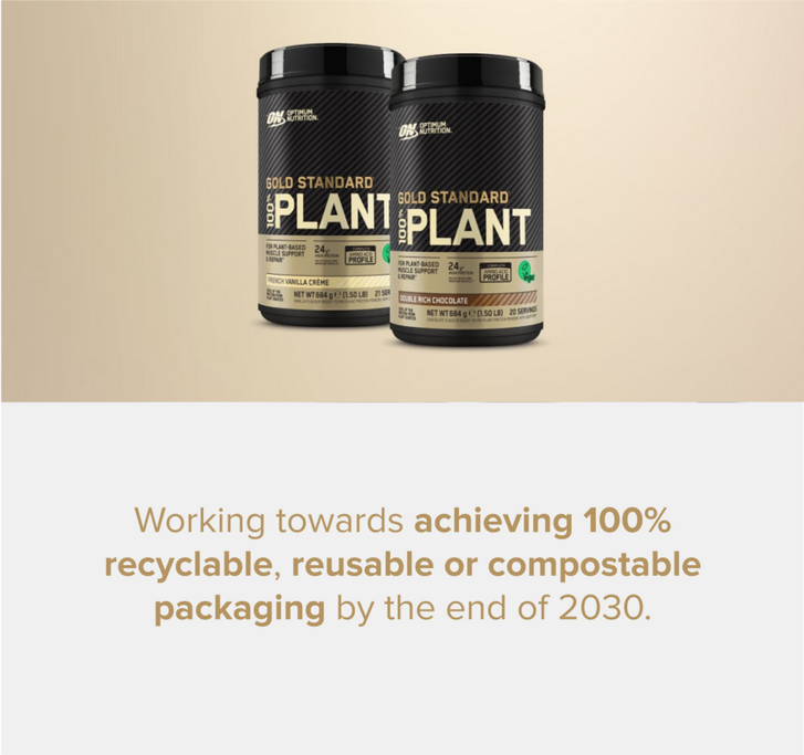 Optimum Nutrition Gold Standard Plant protein powder, Vanilla Creme and Chocolate flavors, in recyclable packaging