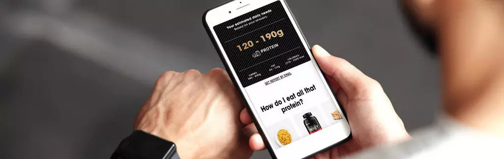 Person holding a smartphone displaying a protein goal calculator app with nutritional information and product suggestions