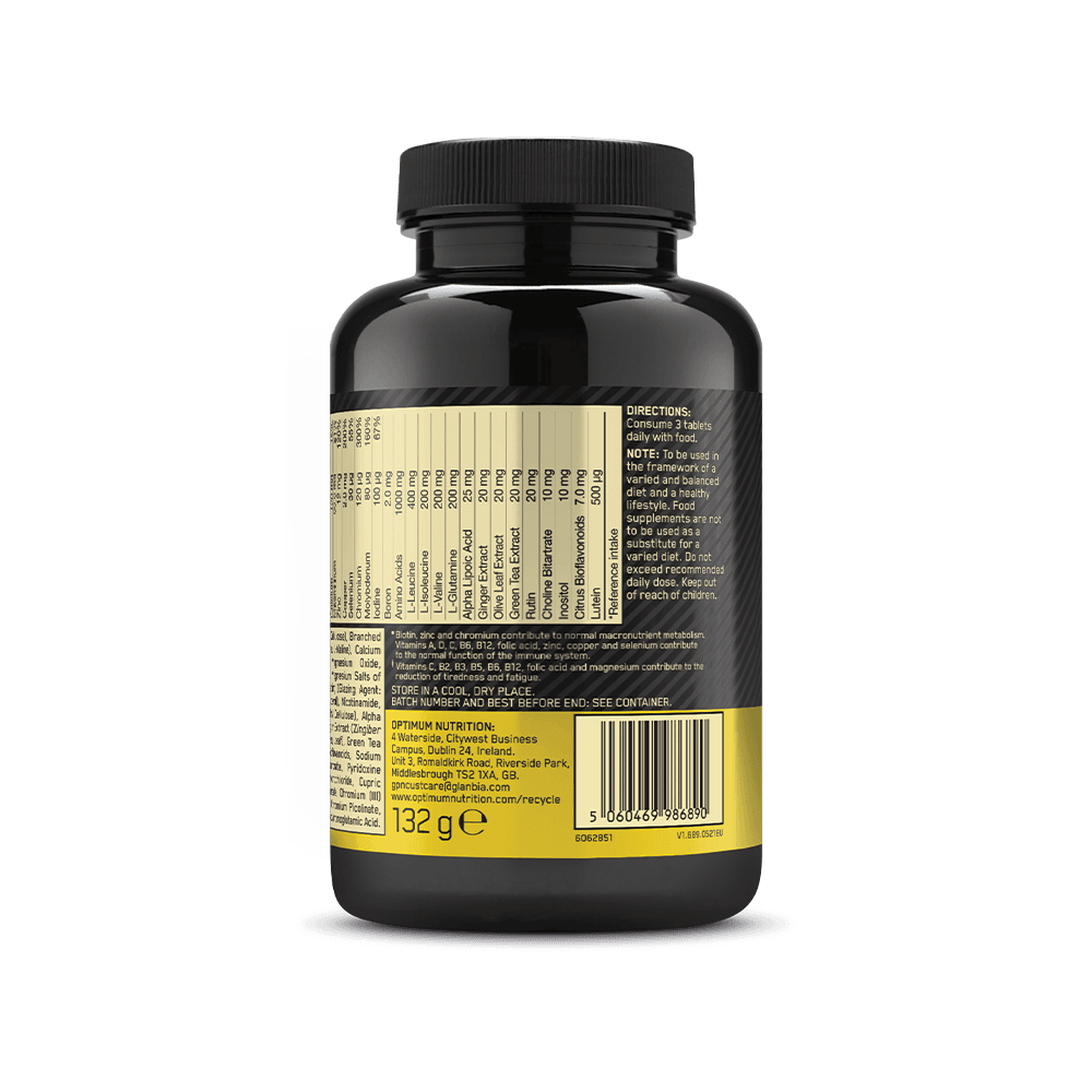Optimum Nutrition supplement bottle, 132g, featuring nutritional information and directions on the label