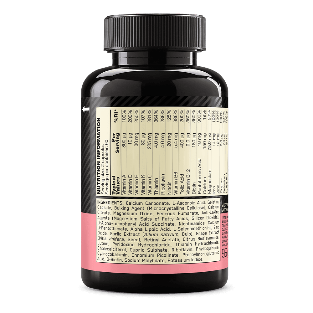 Dietary supplement bottle with nutritional information label, containing vitamins and minerals for immune system support
