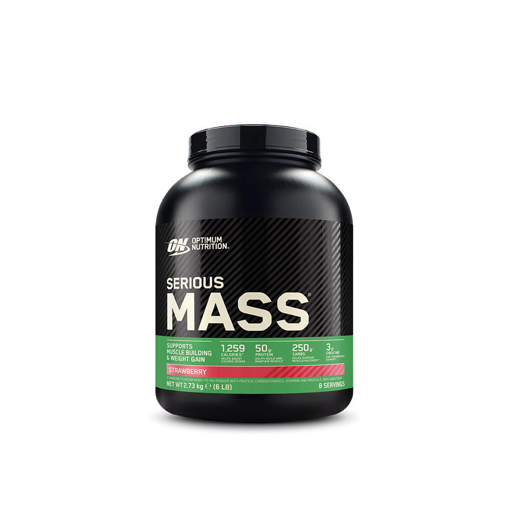 Optimum Nutrition Serious Mass protein powder, 2.73 kg container, strawberry flavor, supports muscle building and weight gain