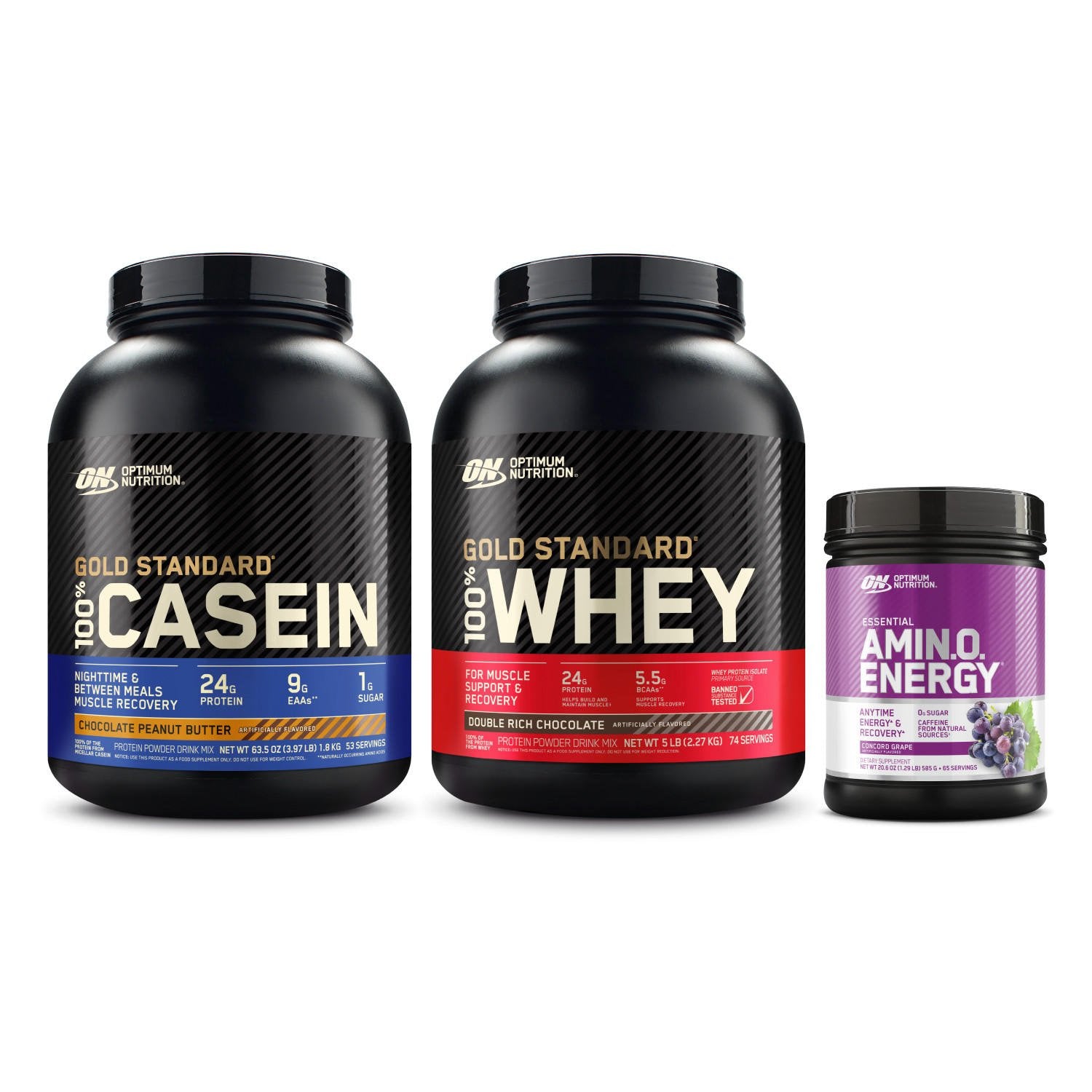 Optimum Nutrition Gold Standard 100% Whey Protein, 2.73 kg, Gold Standard 100% Casein, and Essential Amino Energy formula