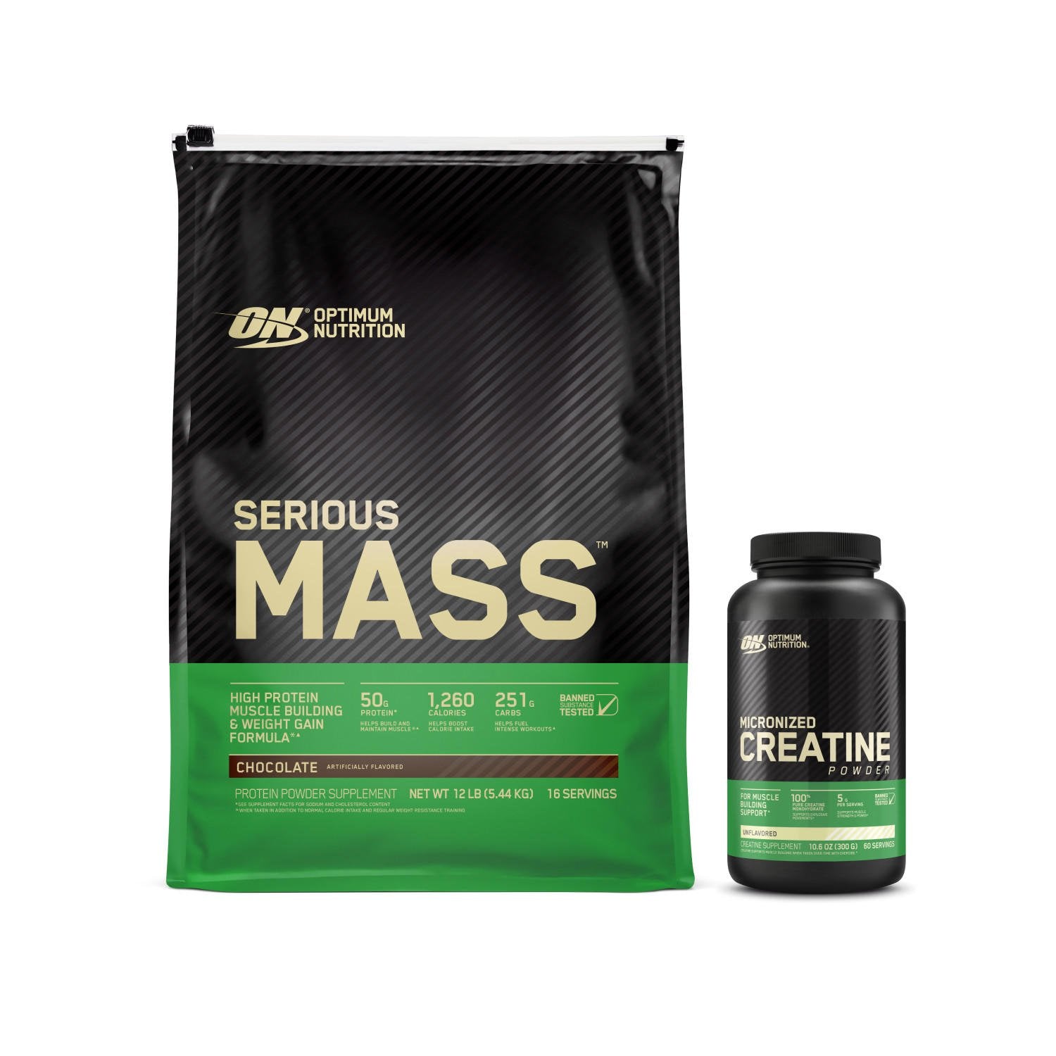 Optimum Nutrition Serious Mass Weight Gainer, 5.44 kg bag, and ON Micronised Creatine Powder container