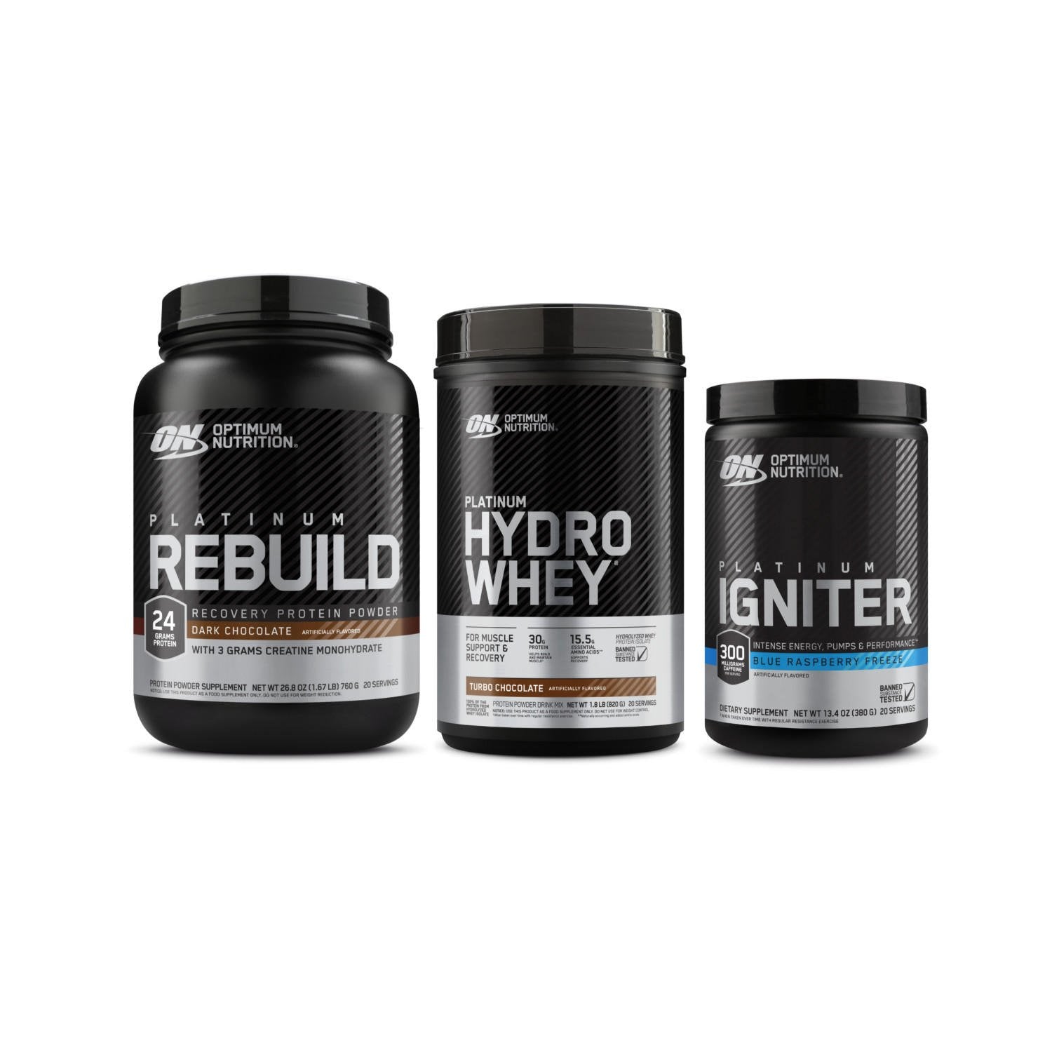 Optimum Nutrition Platinum Rebuild, Hydro Whey, and Igniter supplements for post-workout recovery and muscle building