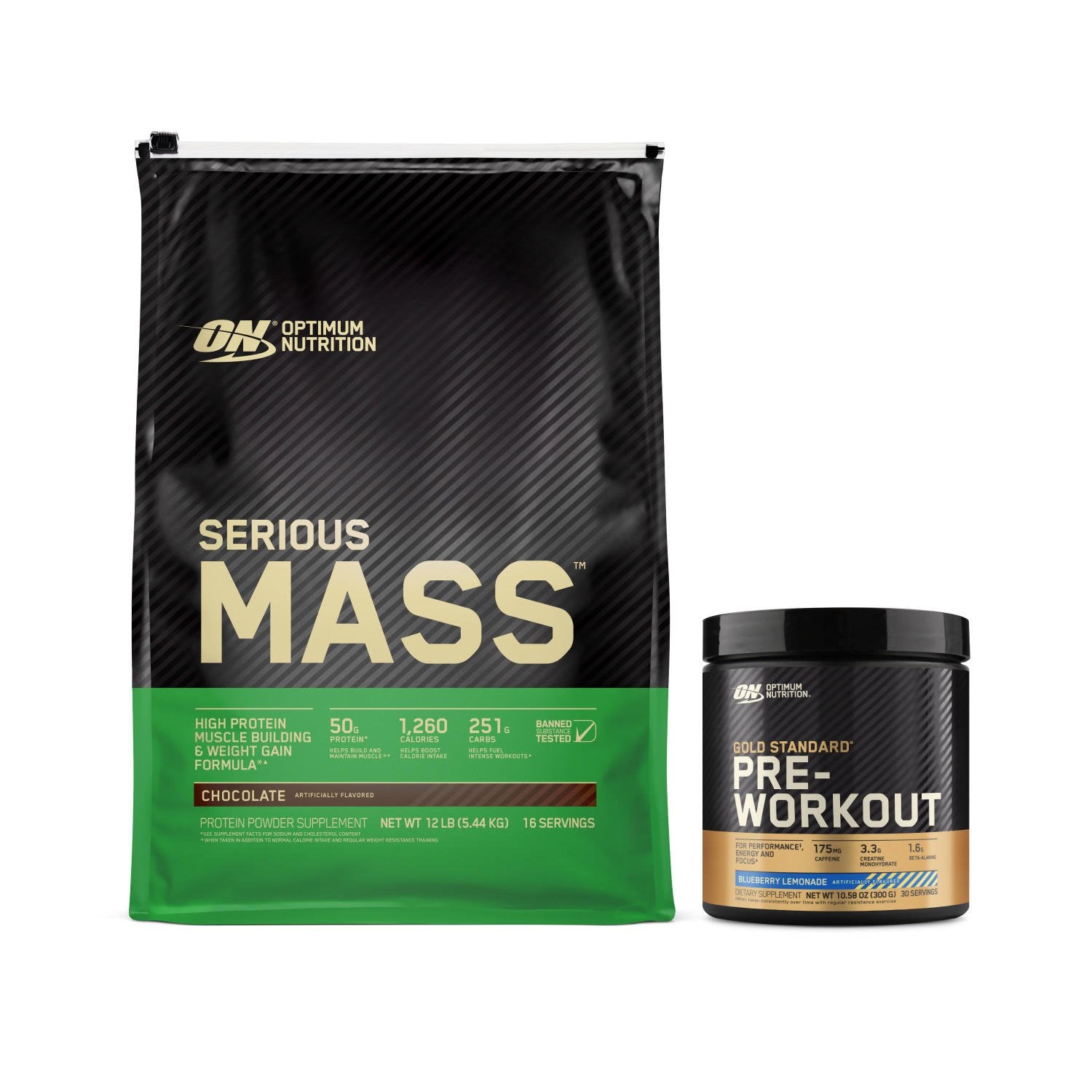 Optimum Nutrition Serious Mass Weight Gainer, 12 lb bag, and Gold Standard Pre-Workout supplement, 330g container