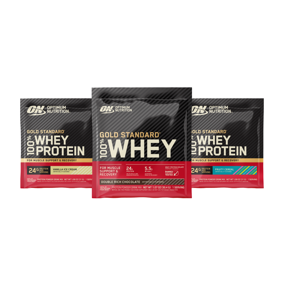 Three packages of Optimum Nutrition Gold Standard 100% Whey Protein on a white background