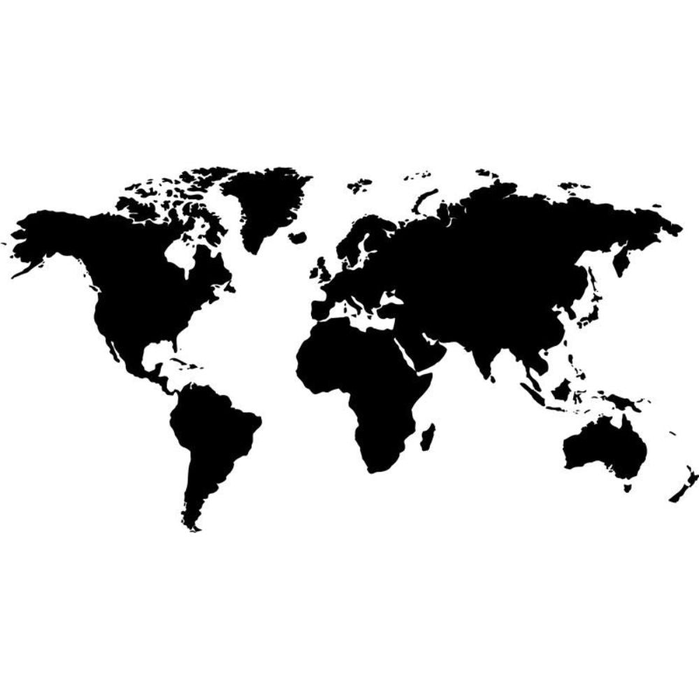 World map silhouette in black, showing continents and major landmasses
