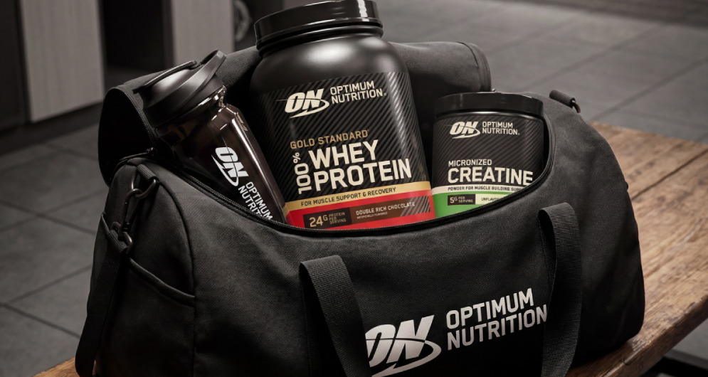 gym bag filled with Optimum Nutrition products