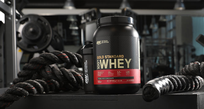 Gold standard whey protein tub in a gym with battle ropes next to it.