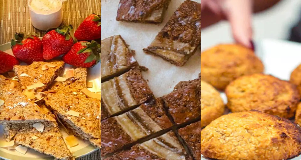 Three protein snacks: oat bars with strawberries, banana squares, and golden protein muffins on a plate
