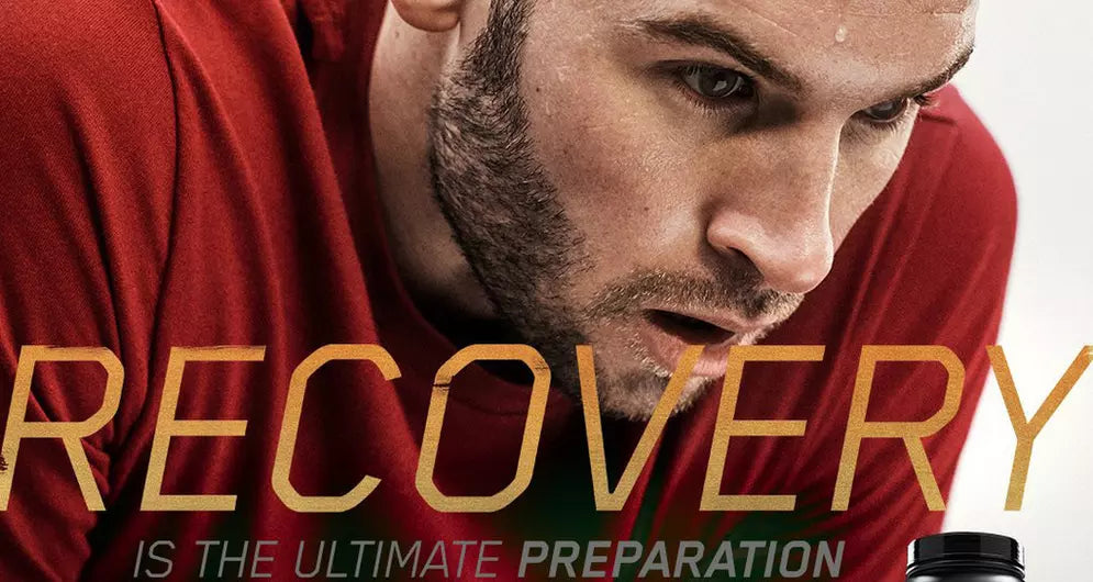 Focused male athlete recovering after training with RECOVERY text overlay