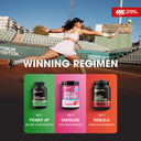 Woman playing tennis on a court with Optimum Nutrition supplements displayed below.