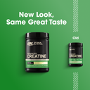 Optimum Nutrition Creatine Micronized product shown in two container sizes on a green background, with large text reading 'New Look, Same Great Taste' and a smaller 'Old' label pointing to the previous packaging.