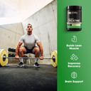 A man in a gym squatting on a barbell with yellow weight plates, next to a green panel showing a black tub of Optimum Nutrition Creatine with white text and icons for muscle building, recovery, and brain support.