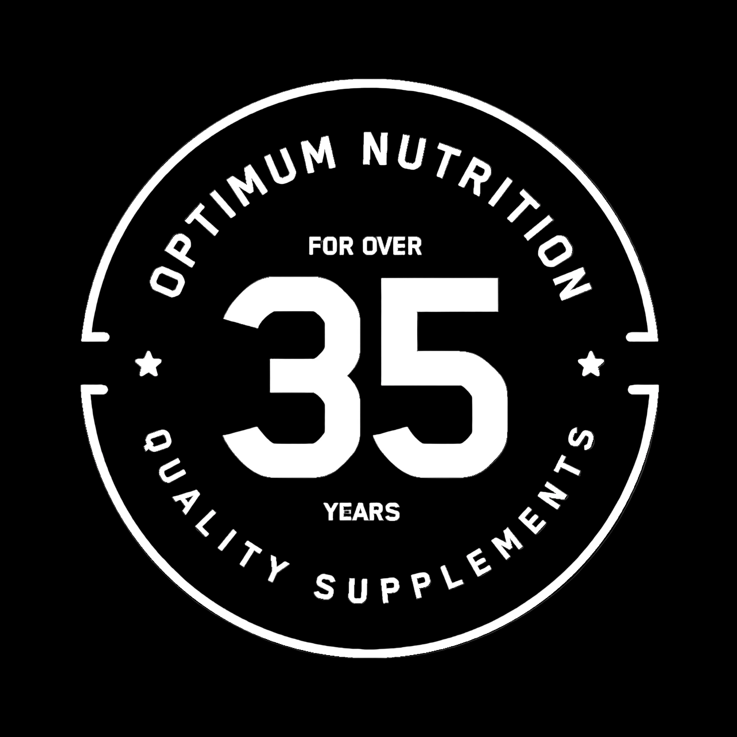 Optimum Nutrition logo celebrating 35 years of quality supplements on a black background